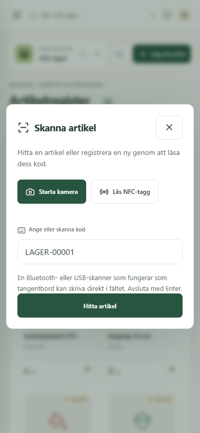 Hyllras mobilskanner med manuell kodinmatning och möjlighet att starta kameran